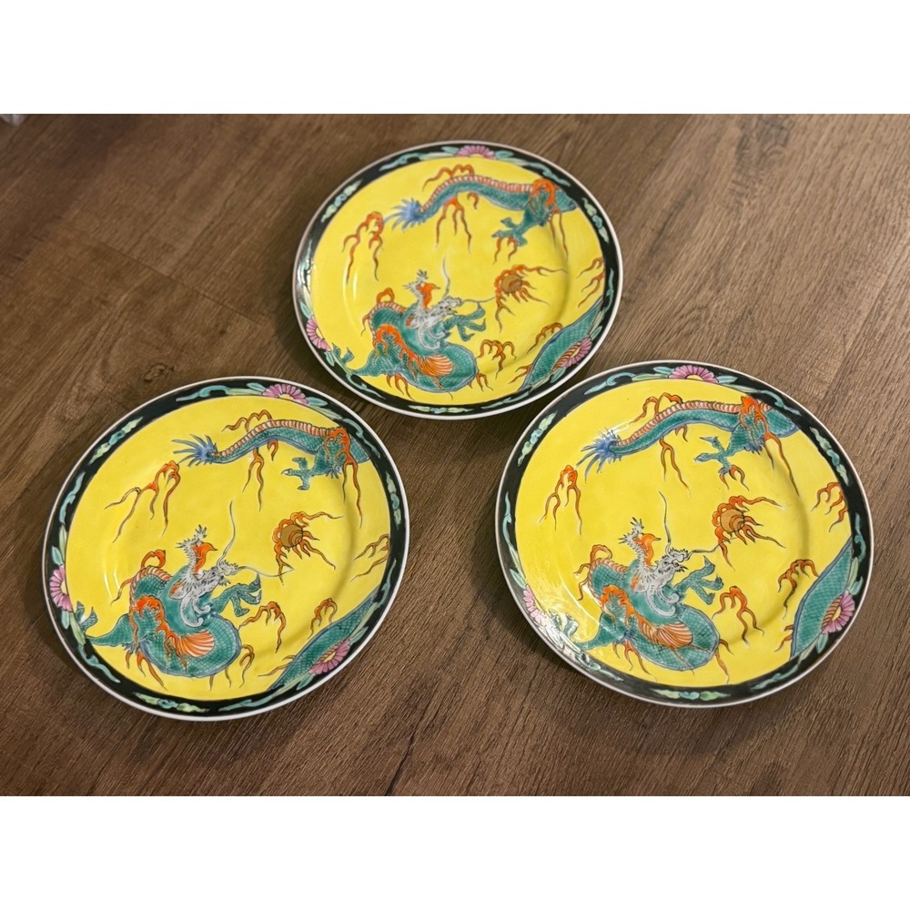 Lot of 3 Vtg Japanese Porcelain Yellow Dragon 7.5" Salad Dessert Plates Red Mark